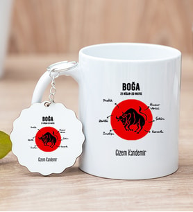 Kişiye Özel Boğa Burcuna Hediye Beyaz Kupa Bardak ve Anahtarlık