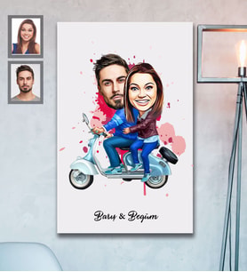 Kişiye Özel Vespa Motorcu Sevgili Karikatürlü Ahşap Tablo 30x47  Mod-2