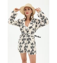 Kemerli Desenli Oversize Blazer Ceket - Siyah