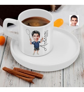 BK Gift Kişiye Özel Sunum Tabaklı Erkek Badminton Karikatürlü Kahve Fincanı-1, Sevgiliye Hediye, Aileye Hediye, Arkadaşa Hediye
