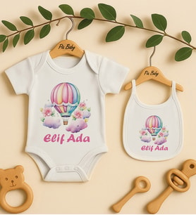 Pia Baby Premium %100 Pamuk İsme Özel Organik Baskılı Çıtçıtlı Bebek Body Ve Önlük 5046-20 (Ekru)