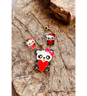 Kalpli Panda Model Mineli Gold Altın Renk Paslanmaz Çelik Kolye Küpe Set