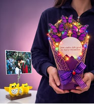 Kişiye Özel Fotoğraflı Renkli Led Işıklı Aynalı Kelebek Buketi (Model 5)