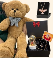 Zümdürü Anka Kuşu Kolyeli Fotoğraflı Premium Hediye Seti - Büyük Kahve Peluş Ayıcıklı (Model 6)