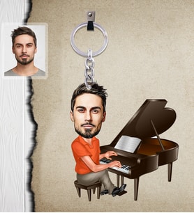 Kişiye Özel Piyanist Karikatürlü  Ahşap Anahtarlık Bay-1-Eco