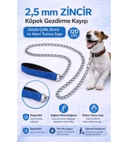 Zincir Köpek Gezdirme Kayışı Dayanıklı Çelik &amp; Ergonomik Tutma Saplı 2,5 mm-120 cm Mavi