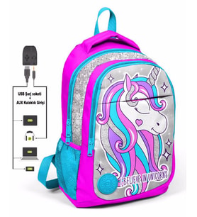 Coral High Pembe Unicorn İlk ve Ortaokul Sırt Çantası - USB ve AUX Çıkışlı