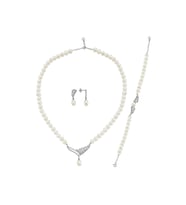 Yaprak Taşlı Doğal İnci Küpe Kolye Bileklik Üçlü Set (Beyaz)