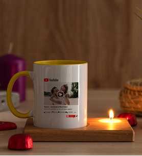 Kişiye Özel Youtube Tasarım Fotoğraflı Ahşap Altlıklı Mumlu Sarı Kupa