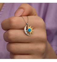 925 Ayar Gümüş Gold Kaplama Ay ve Güneş Tasarımlı Mavi Opal Taşlı Kadın Kolye