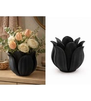 3D Baskı Lotus Yapraklı Vazo - Dekoratif Çiçeklik-Siyah