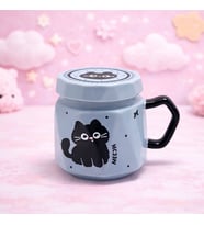 Kedi Baskılı Kapaklı Seramik Kupa Bardak Kawaii Tasarım Kahve Fincanı Hediyelik Ofis (Mavi-Gold)