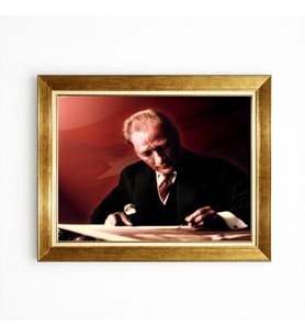 Tablore Gold Çerçeveli Atatürk Duvar Tablosu Türk Bayrağı Temalı