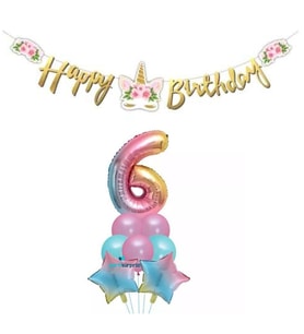 Çiçekli Unicorn 6 Yaş Gökkuşağı Balon Set