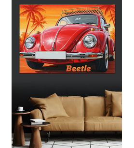 Kırmızı Vintage Vosvos Beetle Araba Dekoratif Kanvas - Mdf Ahşap Tablo