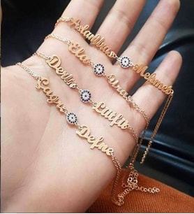 Nazar Boncuklu 2 İsimli Kişiye Özel 24 Ayar Has Altın Kaplama Gümüş Bileklik