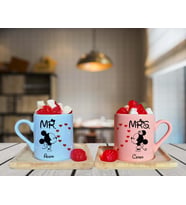 Minnie Mouse & Mickey Mouse Çift Tasarımlı Pembe & Mavi Ahşap Tabaklı Kişiye Özel Türk Kahvesi Fincanı Seti