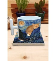 Kediler ve Sanat/Van Gogh Set 9 - Yıldızlı Gece(Starry Night) T Kulplu Fincan Kupa-Taş Bardak Altlığı 9