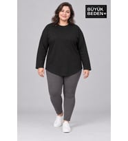 Süperlife Kadın Büyük Beden Bisiklet Yaka Süprem İnce Uzun Kollu Oval Etek Tişört SPR26BTSK943