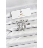 Pirinç Gümüş Renk Zirkon Taşlı Yıldız Vintage Model YSX Trio Küpe Seti TJ-BKP11563