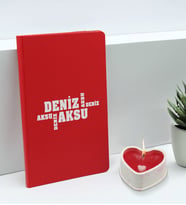 BK Gift Kişiye Özel İsimli Kırmızı Defter ve Kalp Taş Obje Kokulu Mum Hediye Seti-10, Sevgiliye Hediye, Arkadaşa Hediye