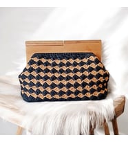 El Yapımı Rafya Clutch Çanta Ahşap Saplı Saten Astarlı Şık Kadın El Çantası