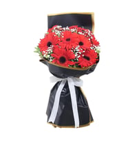 Altın Yaldızlı Siyah jelatinde Kırmızı Gerbera ve Cipsofilya Buketi