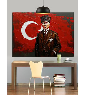 Türk Bayrağı Önünde Atatürk Dekoratif Kanvas - Mdf Ahşap Tablo
