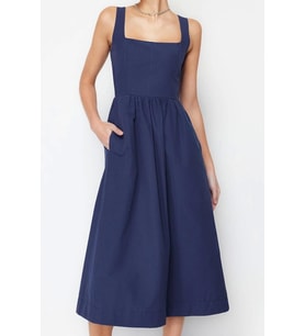 Moda Stil Regular Kare Yaka Midi Boy Belden Açılan Korse Dikiş Detaylı Dokuma Elbise (İndigo)
