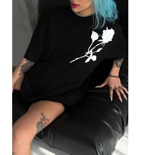 Unisex Bisiklet Yaka Baskılı Oversize T-Shirt - Siyah