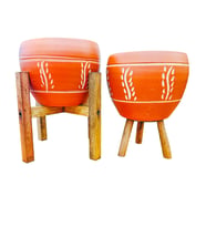 Bitki Tasarımı Nakış Desenli Terrakota Toprak Saksı Saksılık Salon Çiçeklik İkili Set 3 Ayaklı- 4 Ayaklı- 15 Cm