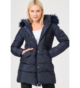Dewberry Kadın %100 Polyester Kaban Lacivert Z6745 Günlük Dış Giyim, Şehir ve Ofis Stili, Hafta Sonu Kombini