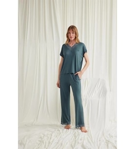 Amora Secret Kısa Kollu V Yakalı Dantelli Pijama Takımı