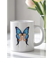 Kelebek Kadın Tasarımlı 330ml Baskılı Beyaz Seramik Kupa Bardak