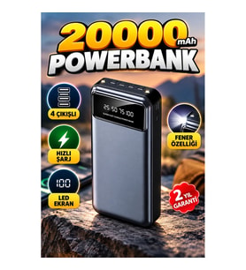 20000 mAh Powerbank – Hızlı Şarj, LED Ekran ve Fener, 4 Çıkışlı