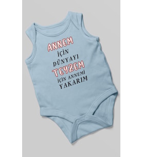 Annem İçin Dünyayı Teyzem İçin Annemi Yakarım Baskılı Bebek Zıbını  %100 Pamuk Sıfır Kol