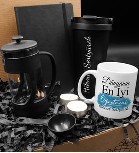 Öğretmenler Gününe Özel 400 ML Çelik Termos & French Press & Kişiye Özel Plakalı Defter & Tasarım Kupa & İkili Mum