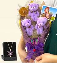 Kişiye Özel Fotoğraflı Büyük Boy 3'lü Ayıcık Buketi ve Gerçek Ametist Taşlı Lotus Kolye (Mor)