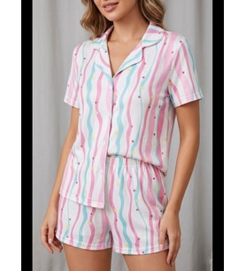 Night Renkli Kalp Desenli Düğmeli Şortlu Pijama Takımı 4610