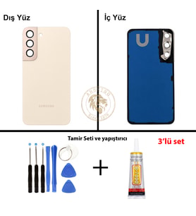 Samsung S22 Krem Arka Pil Kapağı Batarya Kapağı Lazer Kesim + Yapıştırıcı ve Vida Seti