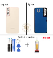 Samsung S22 Krem Arka Pil Kapağı Batarya Kapağı Lazer Kesim + Yapıştırıcı ve Vida Seti