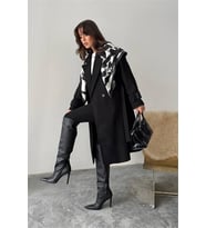 Neşeli butik kadın kuşak detaylı astarlı kaşe kaban NBG120 (Siyah)