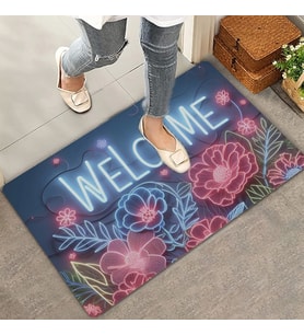 Valerine Life Neon Zambak Çiçekleri Welcome Kapı Önü Paspası 45x70cm