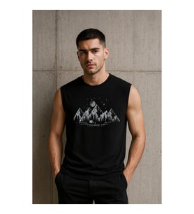 Erkek Bisiklet Yaka Baskılı Siyah Kolsuz T-shirt