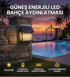 Güneş Enerjili Sensörlü LED Bahçe Duvar Apliği – 3 Ampullü Solar Dış Mekan Aydınlatma – Suya Dayanık