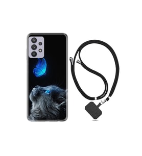 Samsung Galaxy A32 Kılıf Resimli Desenli Silikon Boyun Askılı Butterfly Cat 1891