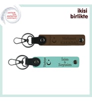 Doğum Gününe Özel, Ayyıldız ve Türkiye Desenli Kişisel İsimli 2’li Anahtarlık, Açık Kahve-Turkuaz (Çok Renkli)