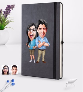 BK Gift Kişiye Özel Sevgililer Karikatürlü Siyah Termo Deri Defter 16x24cm Model 101
