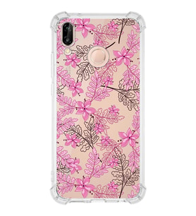 Huawei P20 Lite  Köşe Korumalı Antişok Kapak Floral Pembe Tasarımlı Şeffaf  Kılıf