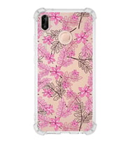 Huawei P20 Lite  Köşe Korumalı Antişok Kapak Floral Pembe Tasarımlı Şeffaf  Kılıf